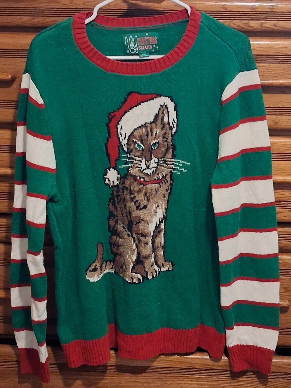 Ugly Christmas Sweater Co Santa Hat Tabby Cat Knit Sweater Mens Large Green